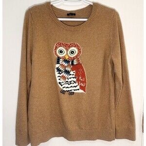 Talbots Cotton Blend Brown Owl 3D-Knit Crew Neck Pullover Sweater Size Large